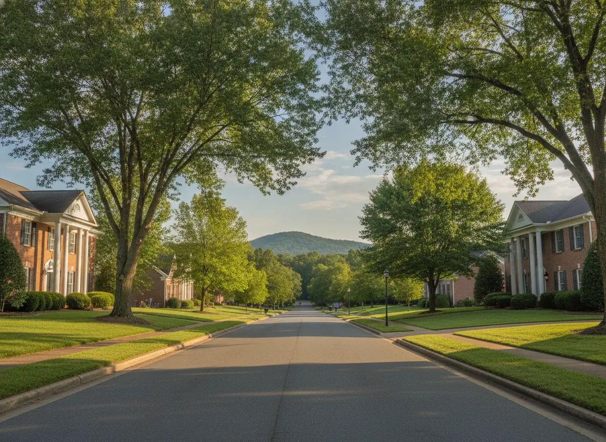 Brick homes on a Huntsville street with wooded foothills behind