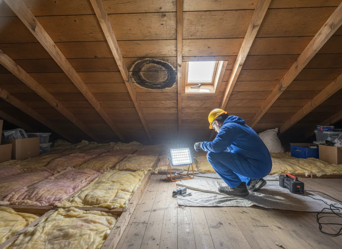 Attic roof decking with dark staining and a technician inspecting