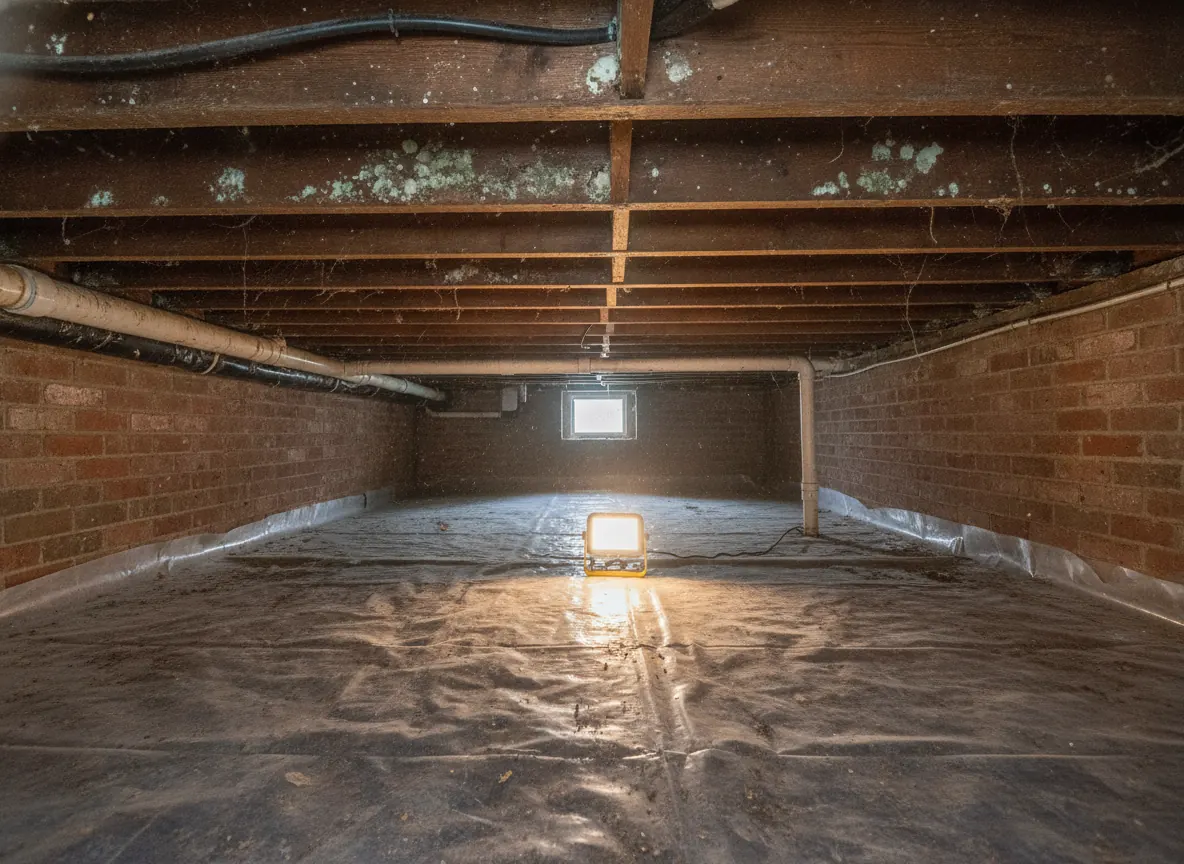 Damp crawl space with mold-spotted joists and a partly installed vapor barrier