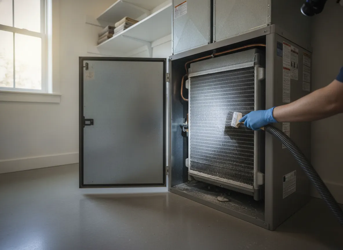 Air handler with its panel open and a gloved hand cleaning near the coil