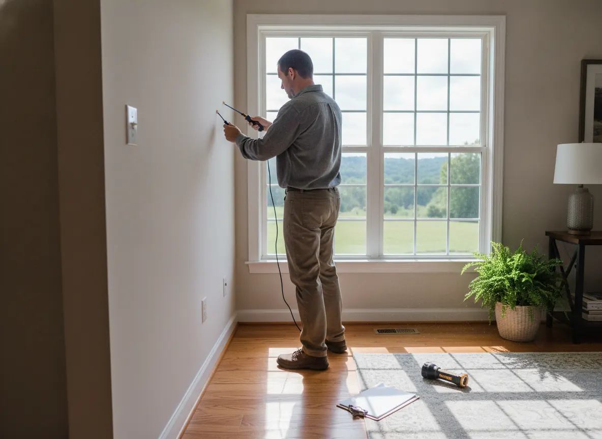 Inspector using a moisture meter on drywall near a window